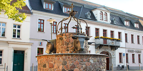 Der Bullwinkel am Kavalierhaus in Spremberg zeigt einen beeindruckenden Brunnen mit Bullköpfern, die das Wahrzeichen des Platzes bilden. Im Hintergrund erhebt sich das helle Kavalierhaus, das dem historischen Ensemble eine elegante Note verleiht.