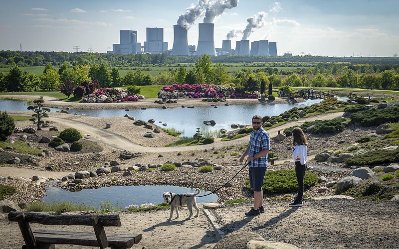 Auf dem Foto ist ein Steingarten mit einer Teichanlage zu sehen. Im Hintergrund befindet sich ein Kohlekraftwerk in Boxberg. 