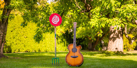 Auf einer Wiese unter mit Blättern bewachsenen Baumzweigen stehen eine Mistgabel, an welcher eine auf Papier gedruckte weiße Rose auf rotem Hintergrund oben befristigt ist, und eine Gitarre. 